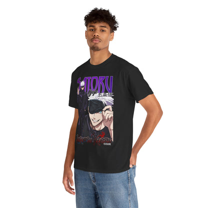 Model displaying the exquisite Gojo Satoru graphic T-shirt from Jujutsu Kaisen, merging style and sophistication in anime-themed fashion.