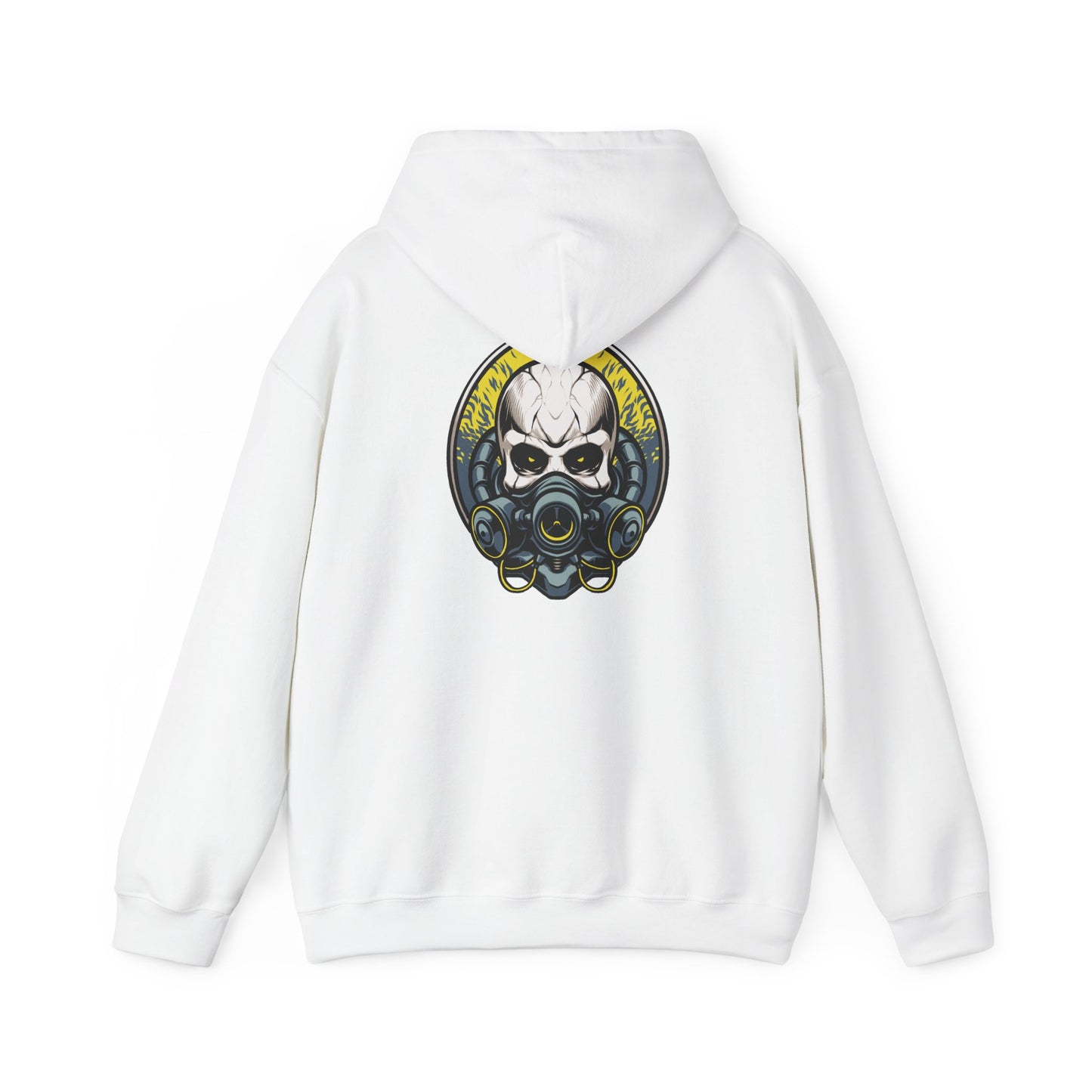 Elegant steampunk-inspired hoodie featuring a striking rear graphic design of a skull with a gas mask, complemented by bold golden accents, perfect for showcasing unique style and sophistication.