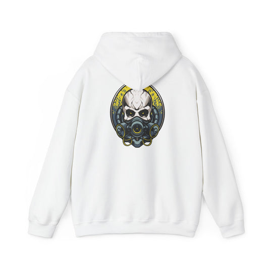 Elegant steampunk-inspired hoodie featuring a striking rear graphic design of a skull with a gas mask, complemented by bold golden accents, perfect for showcasing unique style and sophistication.