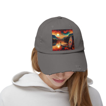 Unisex Distressed Paddleboarders Cap worn by a woman, displaying the unique paddleboarding scene, ideal for stylish sun protection.