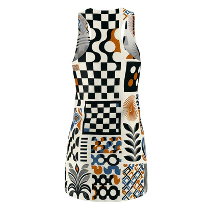 Evelyn Chicane Racerback Dress by Dazzling Dreams Studio featuring vibrant checkerboard print on white canvas, showcasing modern artistic design for a luxurious and stylish look.
