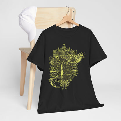 Sophisticated black t-shirt laid against a minimalist chair, highlighting the distinctive 'Damned Soul' design with floral elements, perfect for a unique fashion statement.