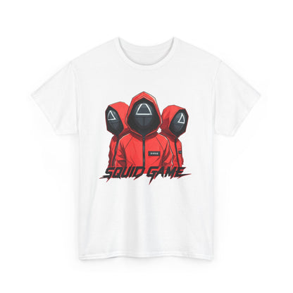 Squid Game Unisex Men’s Women’s Graphic Cotton Funny T-Shirt featuring striking artwork of three mysterious hooded characters in red, ideal for fashion enthusiasts.
