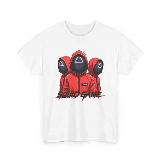 Squid Game Unisex Men’s Women’s Graphic Cotton Funny T-Shirt featuring striking artwork of three mysterious hooded characters in red, ideal for fashion enthusiasts.