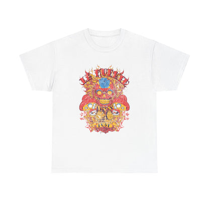 Luxury vibrant men's t-shirt featuring a striking Day of the Dead sugar skull design in reddish-orange and light-blue tones, surrounded by intricate details and flames against a soft white background.