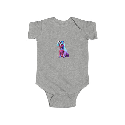 Puppy Bodysuit in grey featuring a charming geometric puppy design, perfect for stylish infants and baby wardrobes.