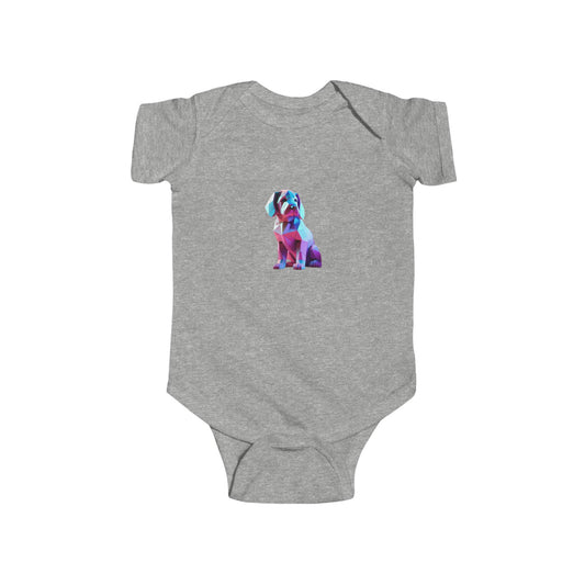 Puppy Bodysuit in grey featuring a charming geometric puppy design, perfect for stylish infants and baby wardrobes.