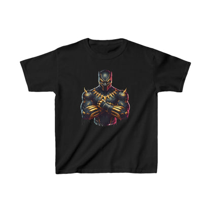 Luxurious Black Panther unisex graphic tee shirt for kids featuring a striking close-up illustration of the iconic superhero, showcasing a sleek black suit with golden accents.