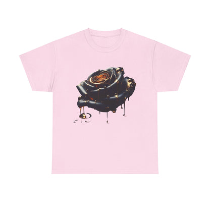 Close-Up Abstract Rose Unisex Cotton Tee adorned with a vivid abstract rose design featuring molten textures on a soft pink background, merging sophistication with artistic flair.