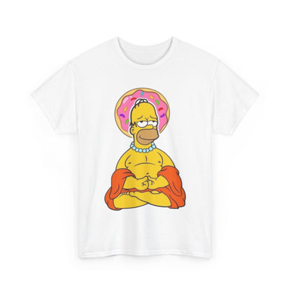 Buddha Homer Simpson Funny Graphic Unisex T Shirt TEE, showcasing the whimsical Homer Simpson seated in a lotus position, embodying a playful take on spirituality and comedy.