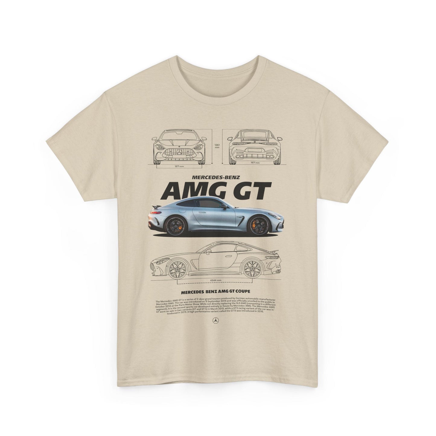 Luxury beige men's T-shirt with an eye-catching illustration of the Mercedes-Benz AMG GT, combining automotive passion with modern fashion.
