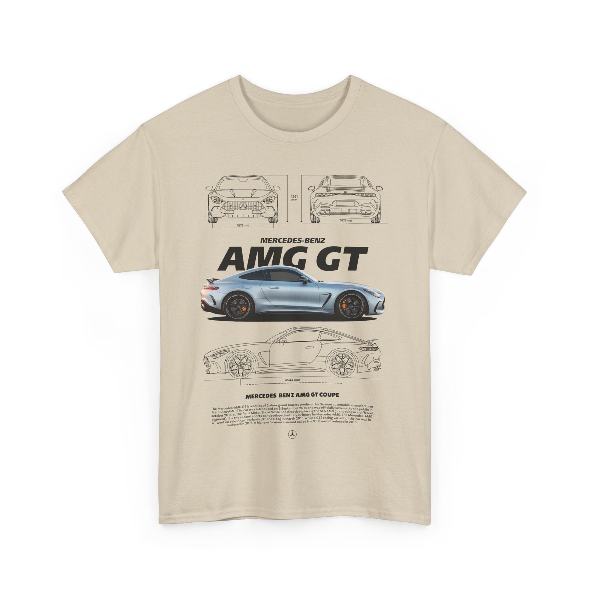 Luxury beige men's T-shirt with an eye-catching illustration of the Mercedes-Benz AMG GT, combining automotive passion with modern fashion.