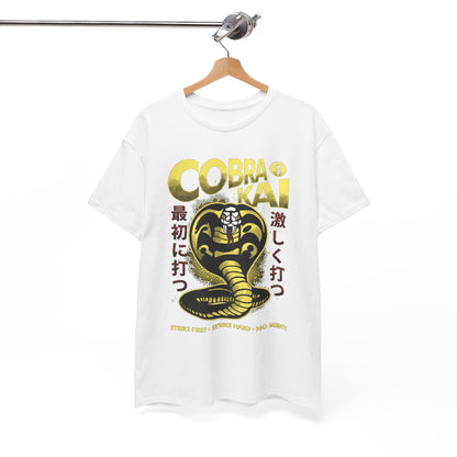 Fashion-forward white Cobra Kai t-shirt displayed on a hanger, featuring an intricate snake design in black and gold, exuding style and confidence.