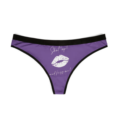 Chic purple women's thong showcasing the captivating text 'Shut up! and kiss me!' with a bold lip print, an ideal gift for intimate celebrations.