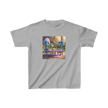 Kids Cute Aliens Heavy Cotton Tee in elegant grey, featuring playful alien designs that inspire imagination and creativity in young adventurers.