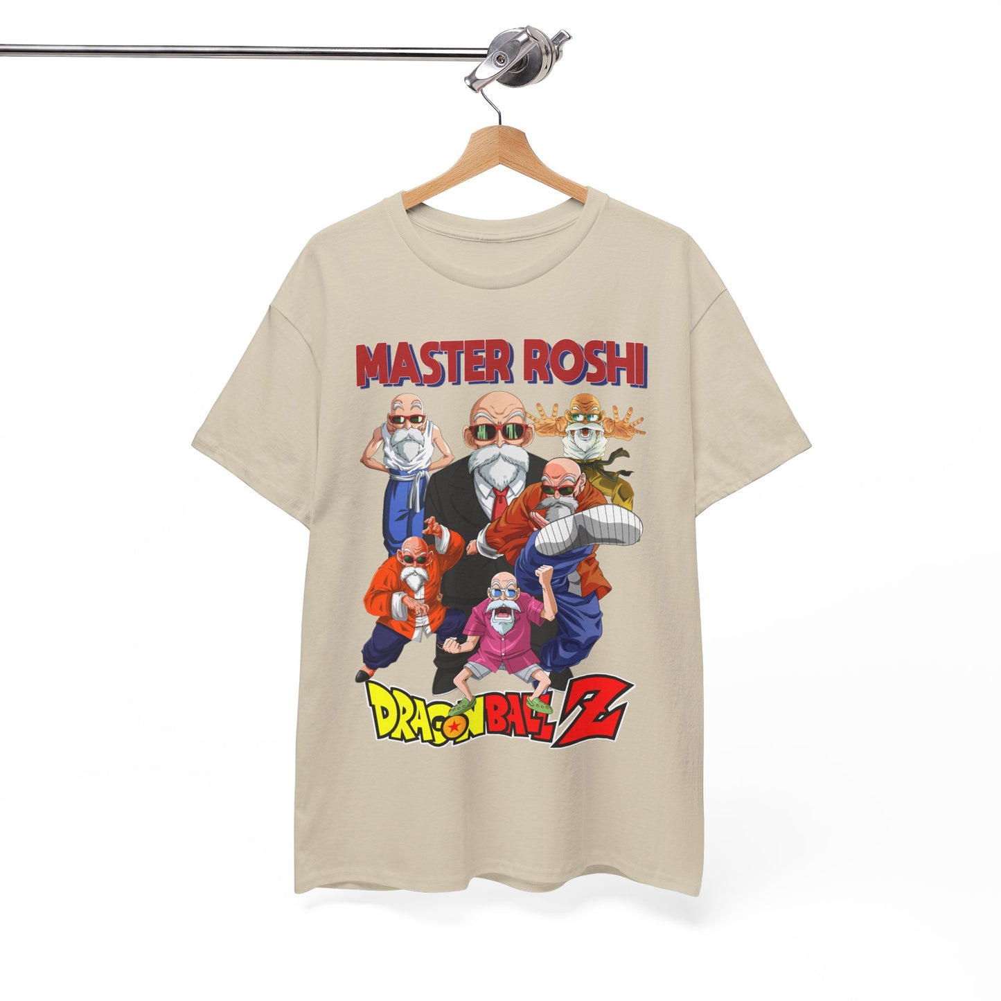 Sophisticated display of Master Roshi T-shirt on a hanger, highlighting vibrant graphics and premium fabric for the discerning fan.