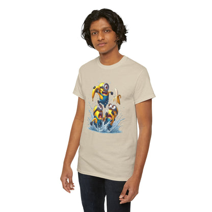 Another model showcasing the Mens Funny T-Shirt: Minions Banana Splash, displaying the cheerful Minions in action, perfect for bringing joy to any outfit. T Shirt, Funny, Minions.