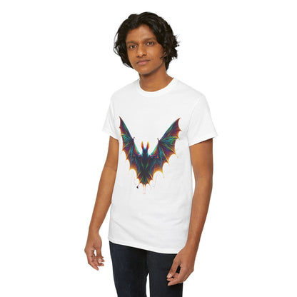 Radiant Evolution Bat Tee Unisex Cotton Tee - Model Wearing White, Showcasing an individual in a luxurious tee adorned with a colourful bat design, perfect for stylish casual occasions.