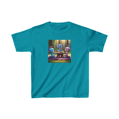 Kids Adorable Cute Aliens Heavy Cotton Tee in turquoise, showcasing vibrant alien characters, perfect for imaginative young minds.