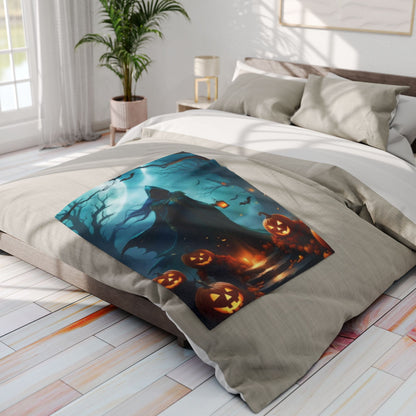 Decorative and Warm Halloween Spooky Arctic Fleece Blanket displayed on a stylish bed, featuring a haunting design with a ghostly figure and jack-o'-lanterns, setting an inviting and luxurious ambiance for the Halloween season.