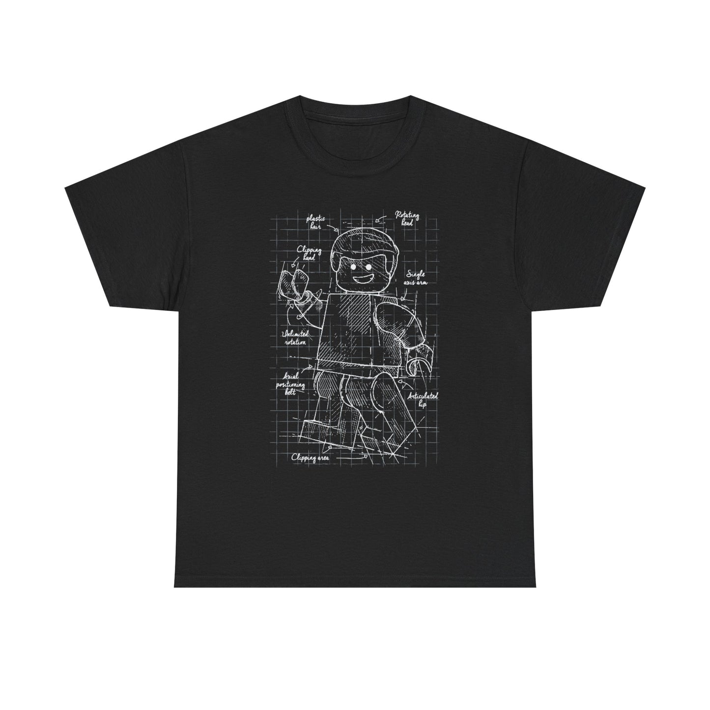 Chic black men's t-shirt featuring an intricate blueprint illustration of a Lego figure, marked with precise annotations, perfect for design aficionados.
