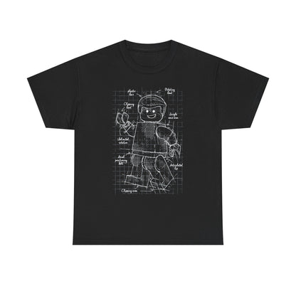 Chic black men's t-shirt featuring an intricate blueprint illustration of a Lego figure, marked with precise annotations, perfect for design aficionados.