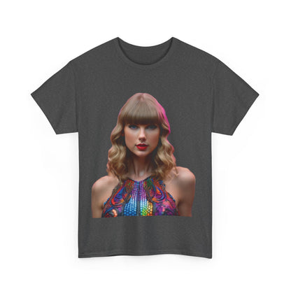 Front view of the Swifties Psychedelic Taylor Swift Heavy Cotton Tee featuring a vibrant psychedelic print of Taylor Swift on a dark grey background, designed for luxury and comfort.