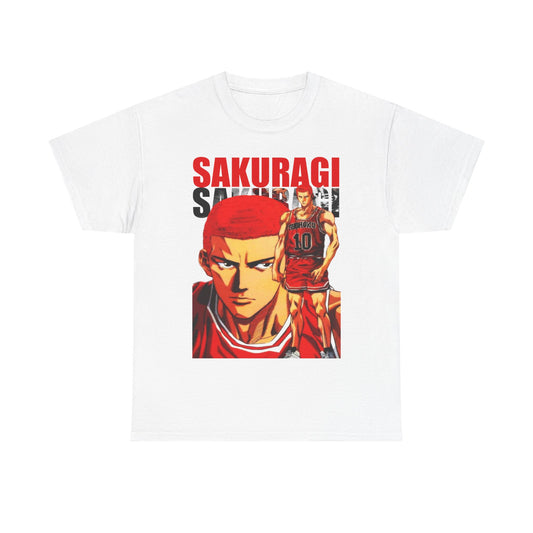 Exclusive white anime t-shirt illustrating Sakuragi from Slam Dunk, crafted with premium materials and striking colours to elevate your wardrobe.