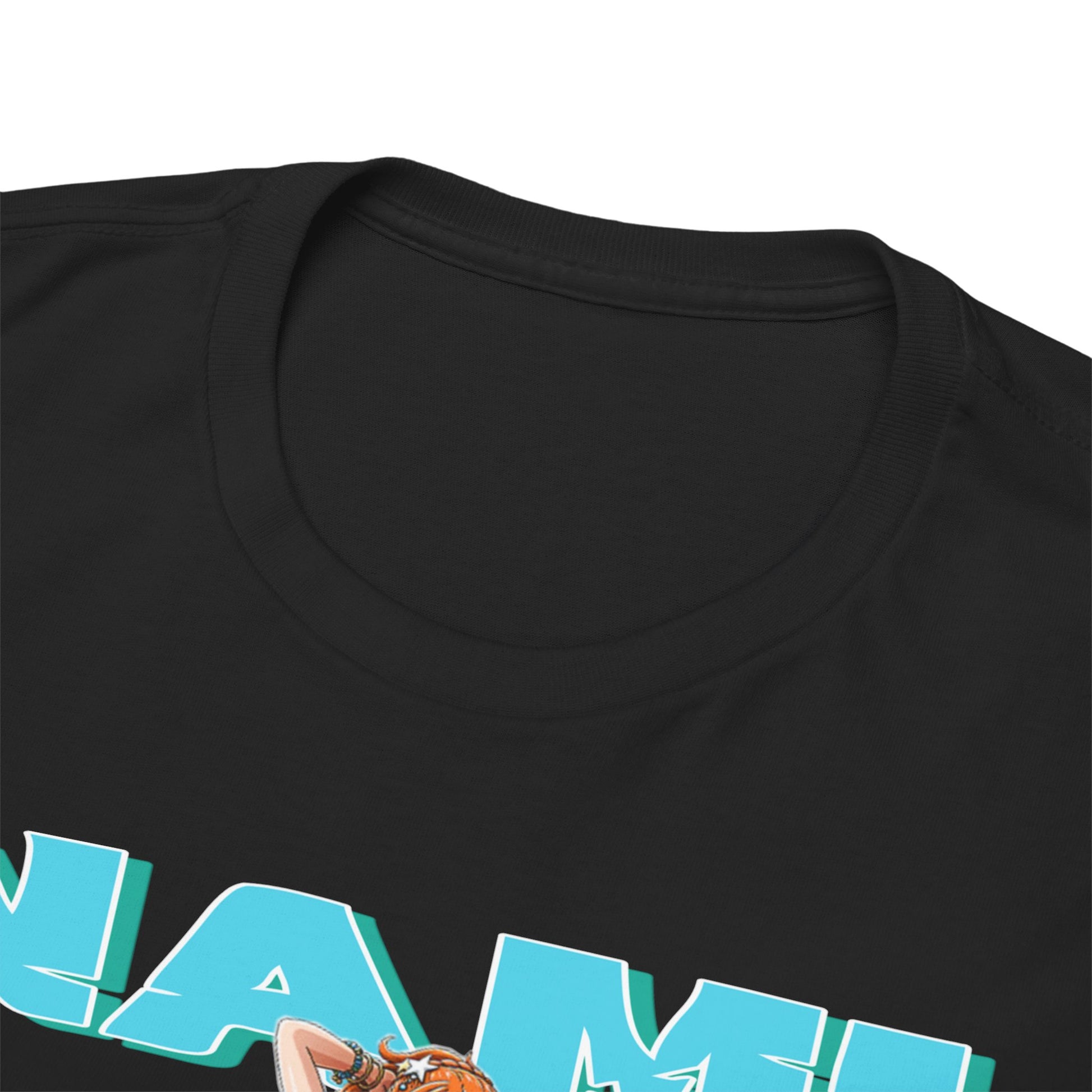 Close-up detail of the neckline of a premium black t-shirt showcasing an artistic Nami design, exuding elegance and style.