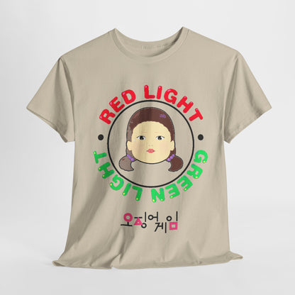 Luxurious Squid Game Unisex Graphic Cotton T-Shirt featuring a striking design with 'RED LIGHT GREEN LIGHT' text, designed for both men and women, embodying street urban fashion.