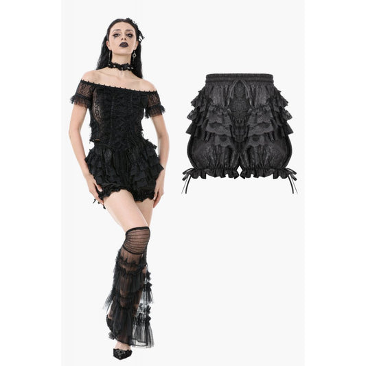 Dark in Love Rosalie Baroque Lace Frill Gothic Bloomers in black, showcasing intricate lace detailing and voluminous silhouette for an opulent gothic style.