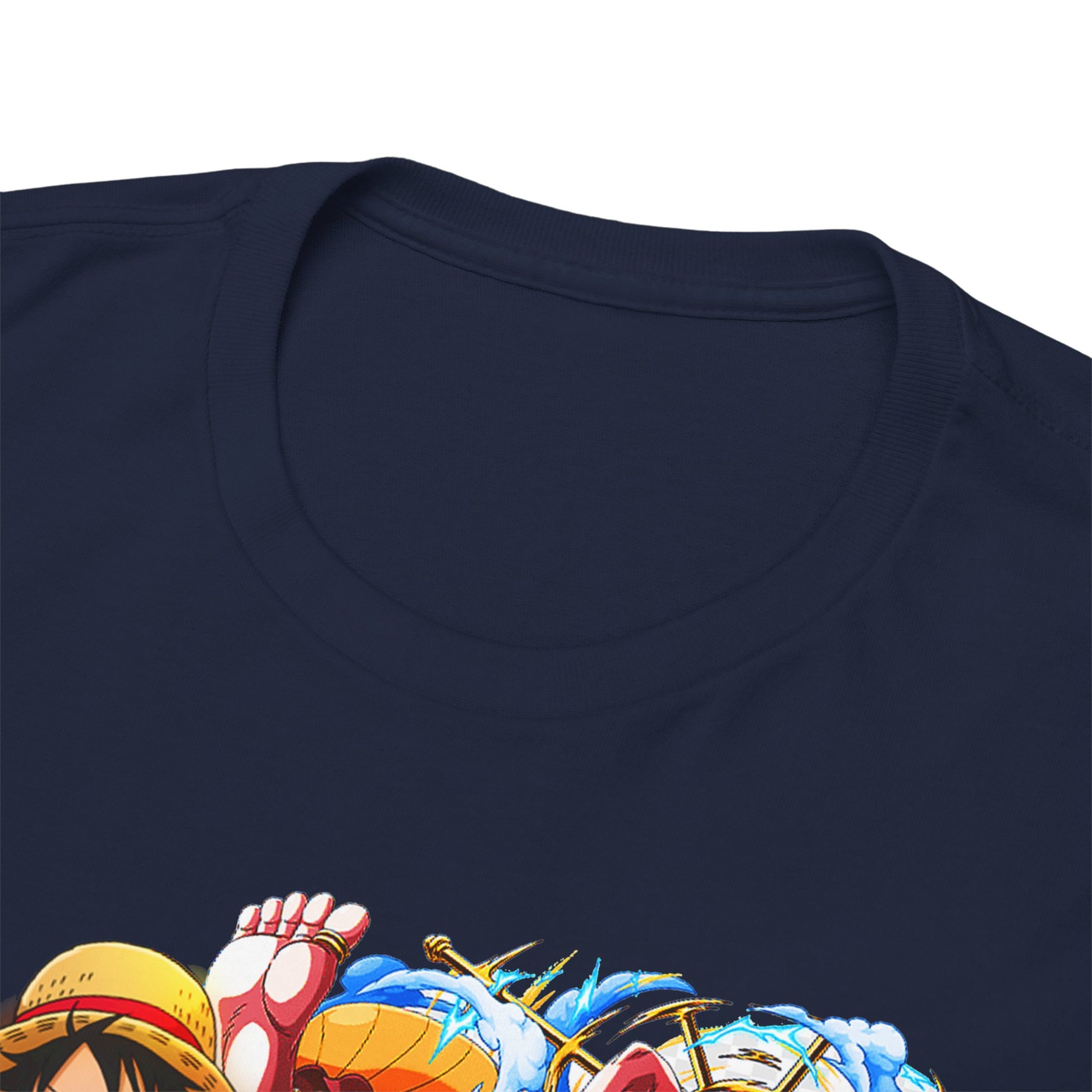 Close-up of a high-quality navy t-shirt neckline, adorned with vibrant anime illustrations, exemplifying luxury and style for discerning fans.