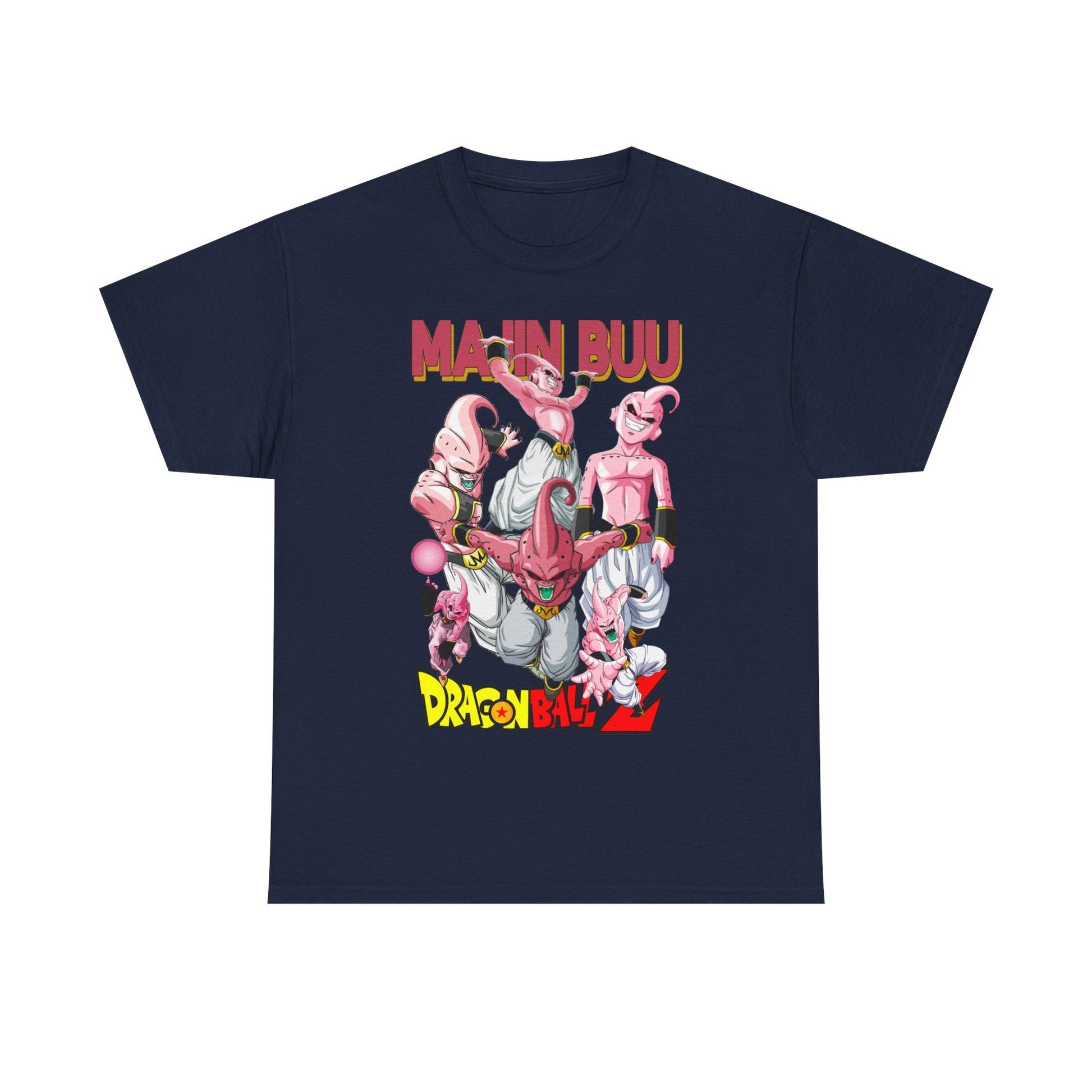 Luxurious Majin Buu T-shirt featuring vibrant pinkish-purple characters, accented with prominent 'MAJIN BUU' and 'DRAGON BALL Z' designs on a stylish navy blue background.