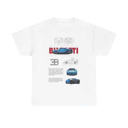 Luxury Bugatti Chiron men's t-shirt featuring high-definition imagery and intricate technical drawings, embracing automotive elegance.