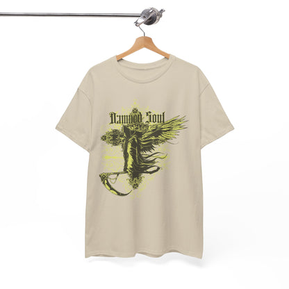 Sophisticated beige t-shirt artfully hanging from a wooden hanger, displaying a richly detailed Grim Reaper graphic and the words 'Damned Soul'.