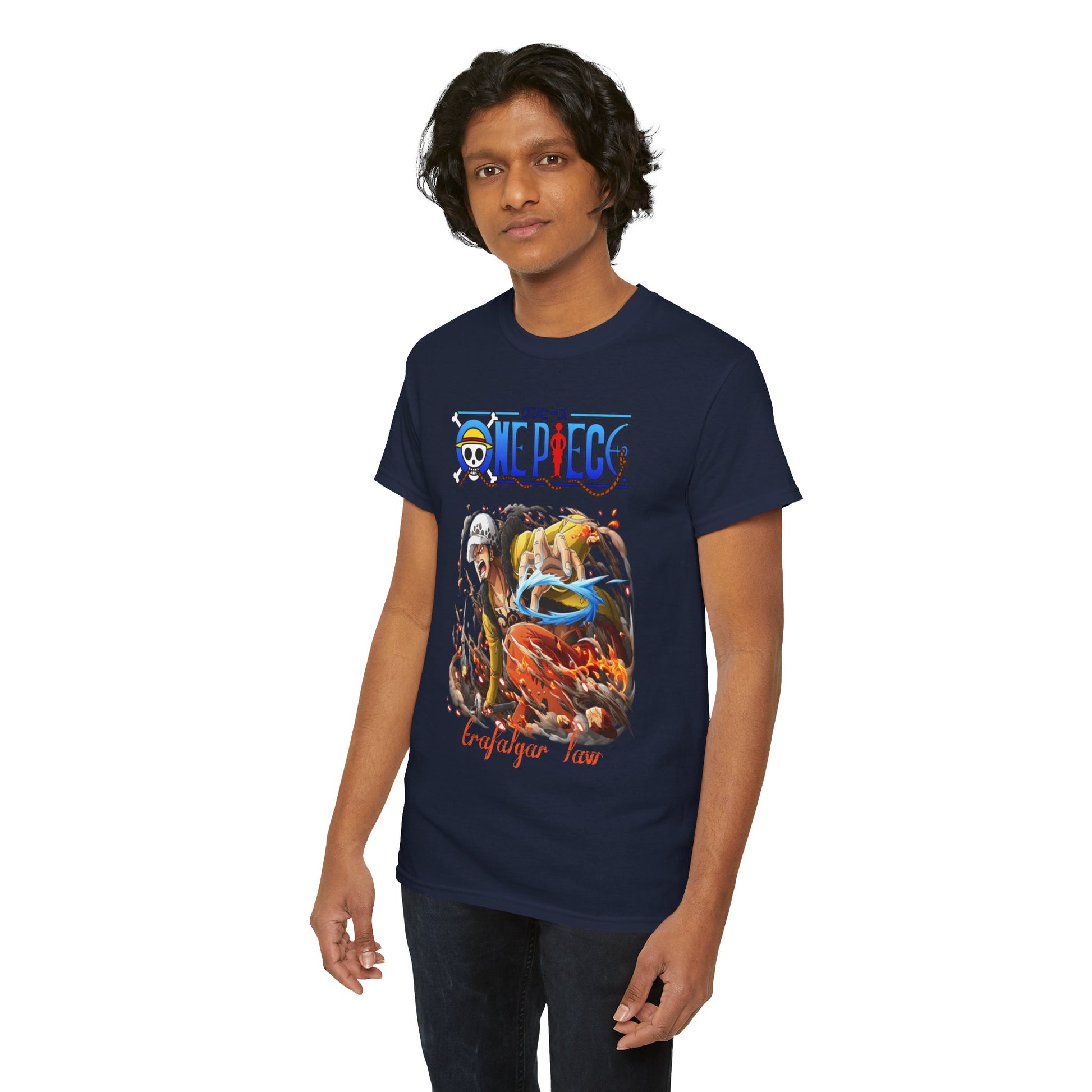 Distinguished male model in a navy blue t-shirt featuring Trafalgar Law from One Piece, exuding charm and adventure, suitable for collectors and anime fans.