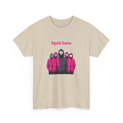 Elegant Squid Game Unisex T-Shirt in beige showcasing striking pink hooded figures, ideal for casual chic fashion enthusiasts.
