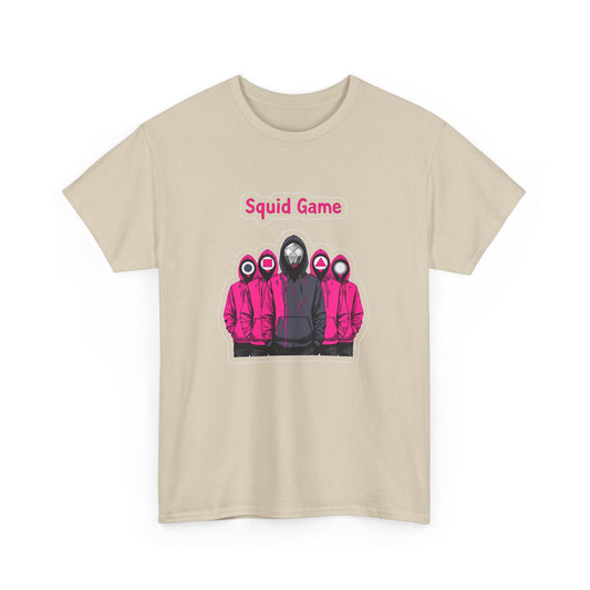 Elegant Squid Game Unisex T-Shirt in beige showcasing striking pink hooded figures, ideal for casual chic fashion enthusiasts.