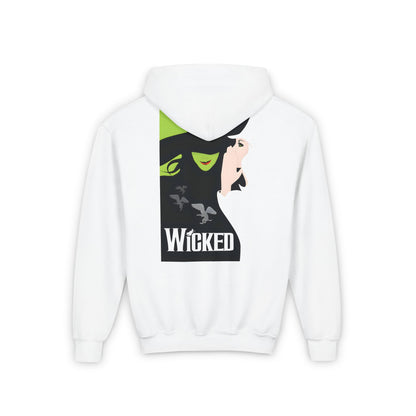 Childs Wicked Film Graphic Pullover Hoodie in pristine white, showcasing an artistic back design with 'Wicked' and characters, a must-have for young fans of the film.