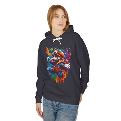Model wearing the Unisex Computer Game Graphic Lightweight Hooded Sweatshirt Cotton in dark colour, displaying a lively gaming character graphic, perfect for both men's and women's fashion.