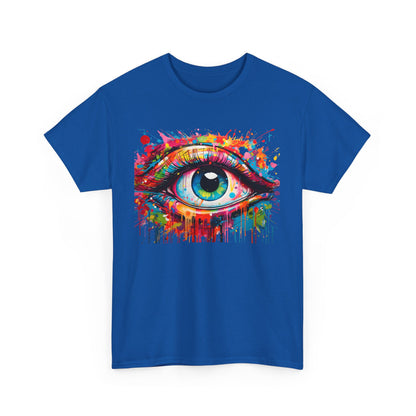Luxury unisex t-shirt featuring the vibrant 'Visionary Drip' graphic design, showcasing a striking artistic eye surrounded by splashes of vivid colors on a blue background.