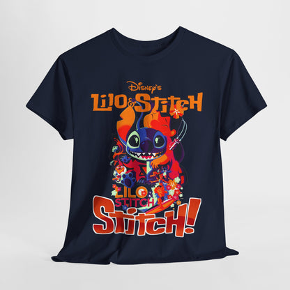 Chic display of a Lilo & Stitch graphic t-shirt in navy blue, featuring a delightful Stitch illustration surrounded by floral accents. A must-have for fashionable Disney lovers.