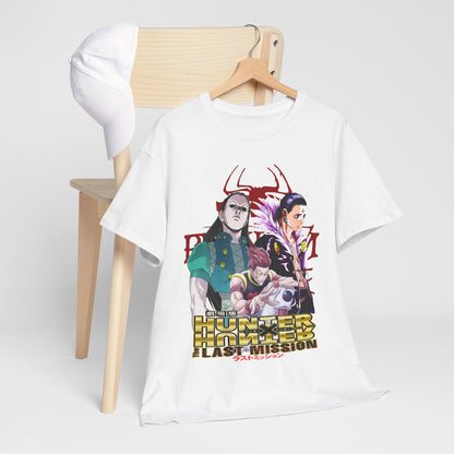 Stylish Hunter x Hunter T-shirt showcased alongside a white cap, prominently displaying Gon, Hisoka, and Killua, ideal for casual wear.