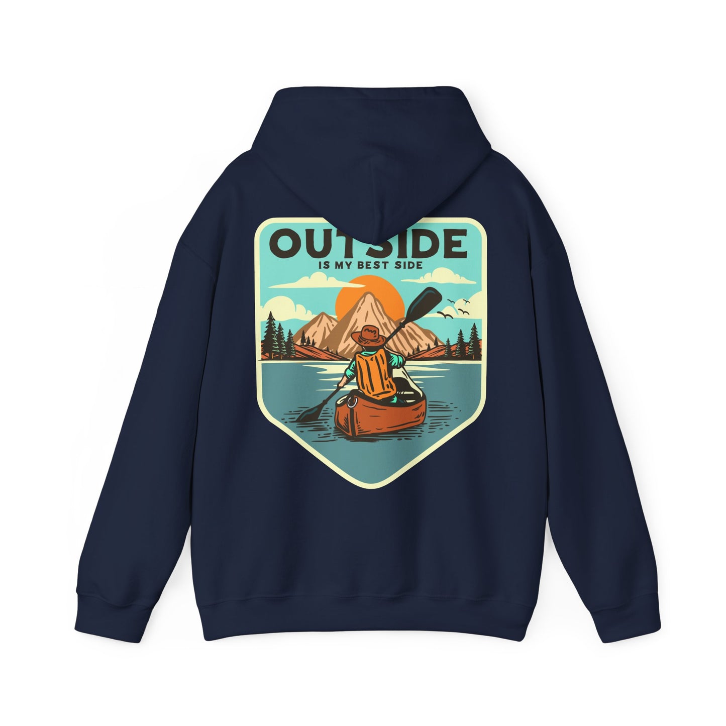 Experience elegance in the navy retro back print hoodie adorned with a stunning graphic of a kayaker amidst mountains and sunrise, complemented by the quote 'OUTSIDE IS MY BEST SIDE'.