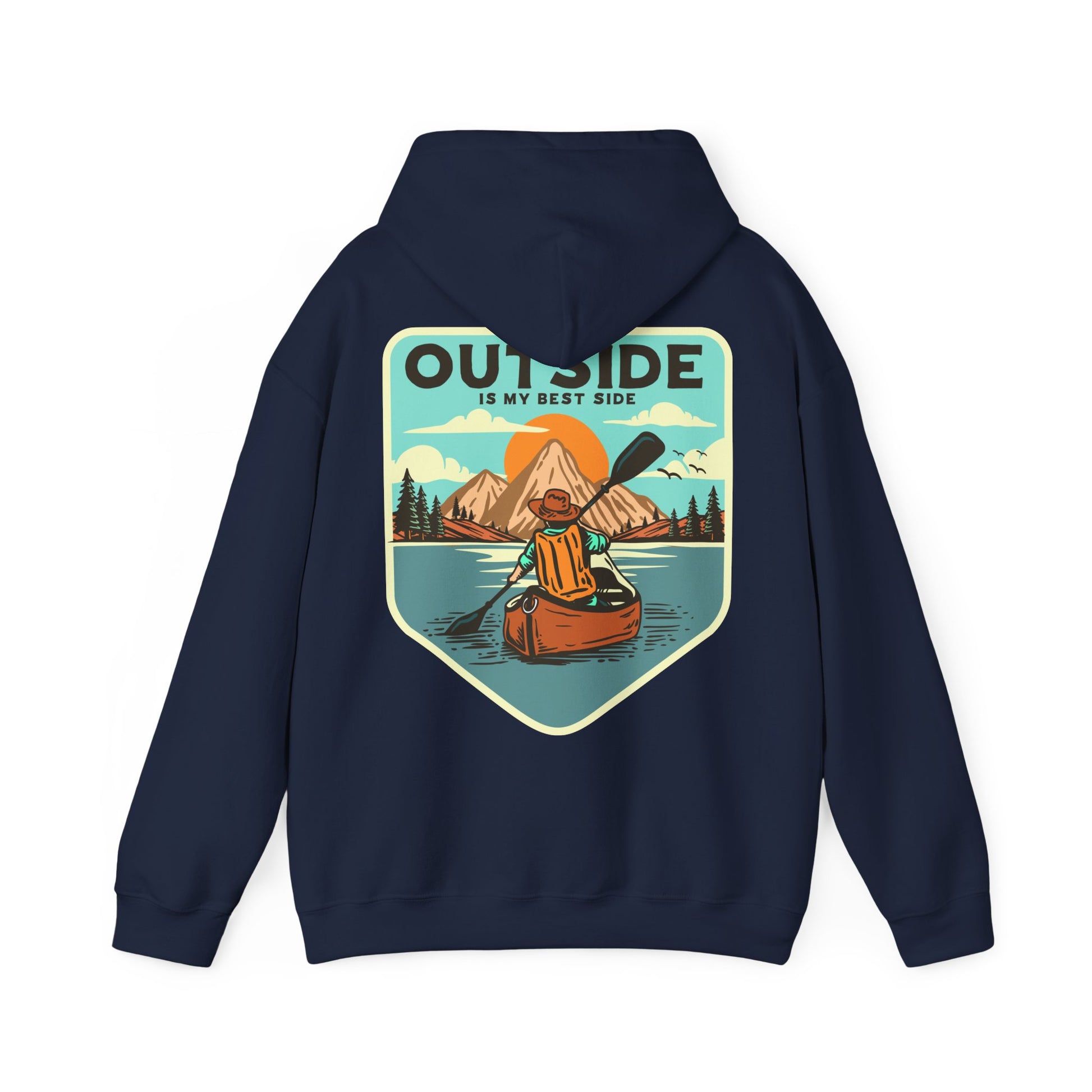 Experience elegance in the navy retro back print hoodie adorned with a stunning graphic of a kayaker amidst mountains and sunrise, complemented by the quote 'OUTSIDE IS MY BEST SIDE'.
