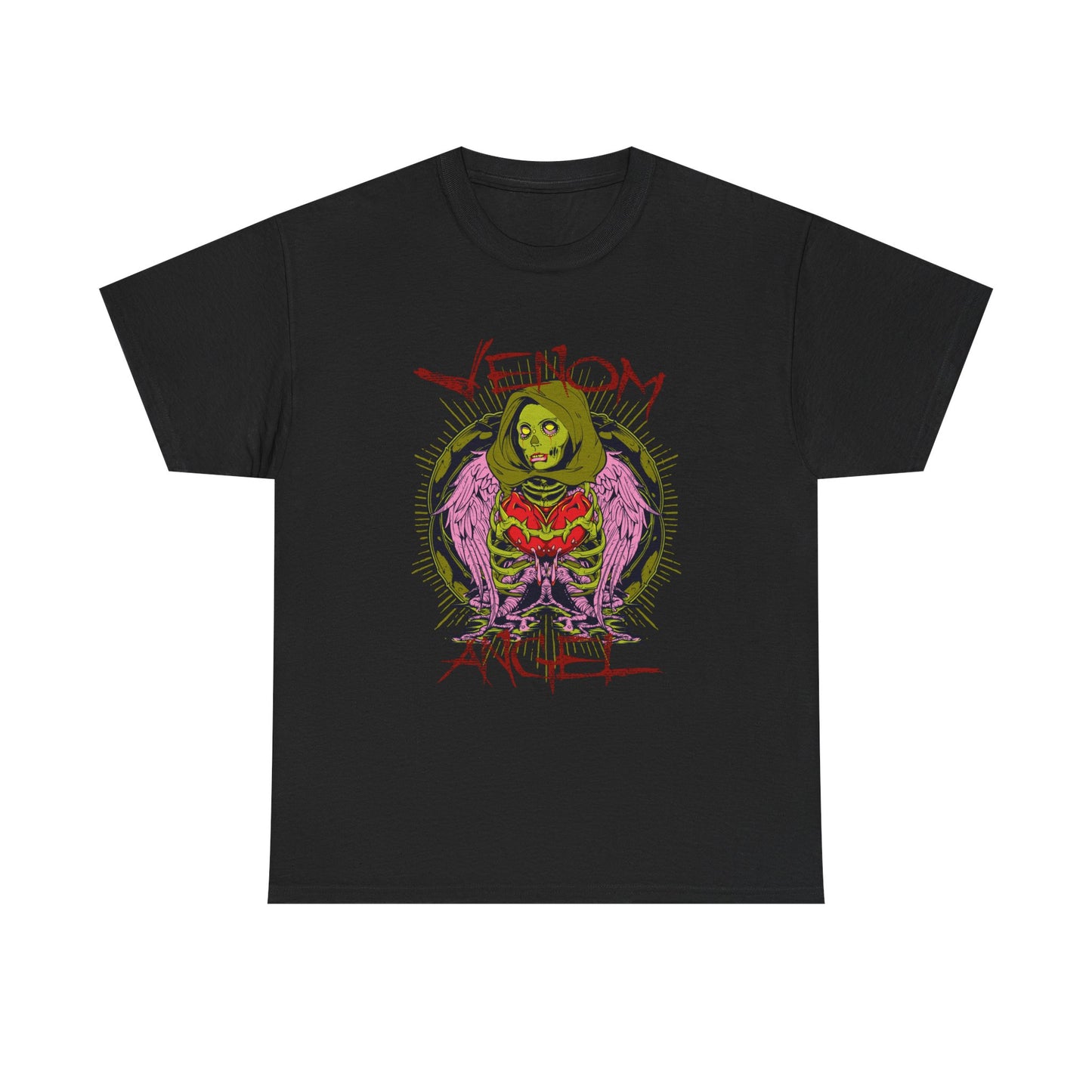 Elegant black men's t-shirt showcasing the iconic 'Venom Angel' design, featuring a vivid green figure with pink wings, perfect for making a unique fashion statement.