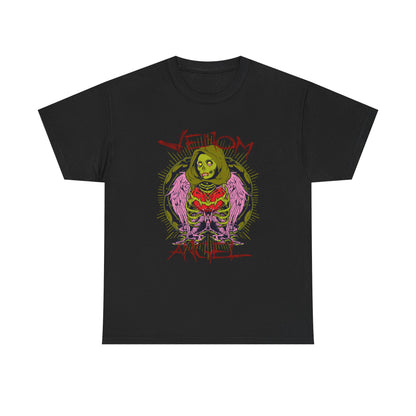 Elegant black men's t-shirt showcasing the iconic 'Venom Angel' design, featuring a vivid green figure with pink wings, perfect for making a unique fashion statement.