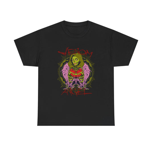 Elegant black men's t-shirt showcasing the iconic 'Venom Angel' design, featuring a vivid green figure with pink wings, perfect for making a unique fashion statement.