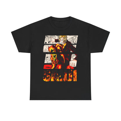 Chic black graphic tee displaying a captivating Sanji design, merging vibrant artwork with a stylish font, tailored for discerning fans of anime and manga culture.