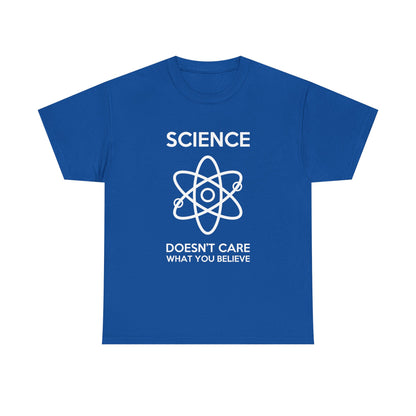 Luxurious blue Science Doesn't Care What You Believe graphic t-shirt, unisex cotton, showcasing an atomic design symbolizing a passion for science.